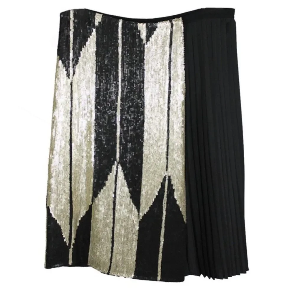 Maliparmi Italian Sequin Pleated Black and Gold Wrap Skirt 42/6 NWT